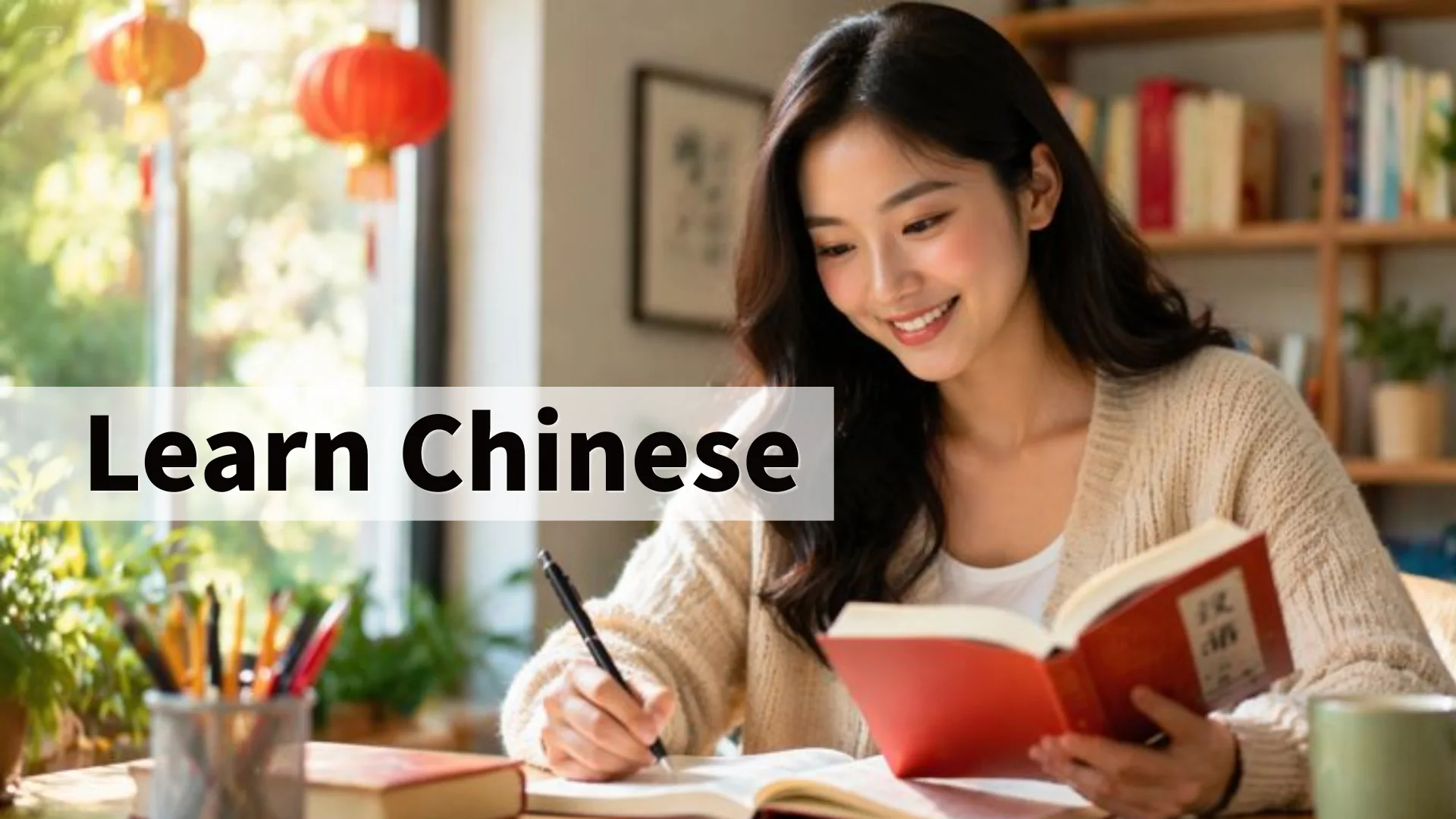 Young woman learning Chinese writing at home with notebook and books