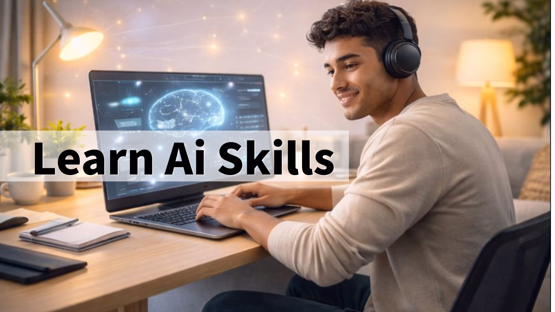 A young person using a laptop with a simple AI interface on screen in a clean and modern workspace, learning digital skills