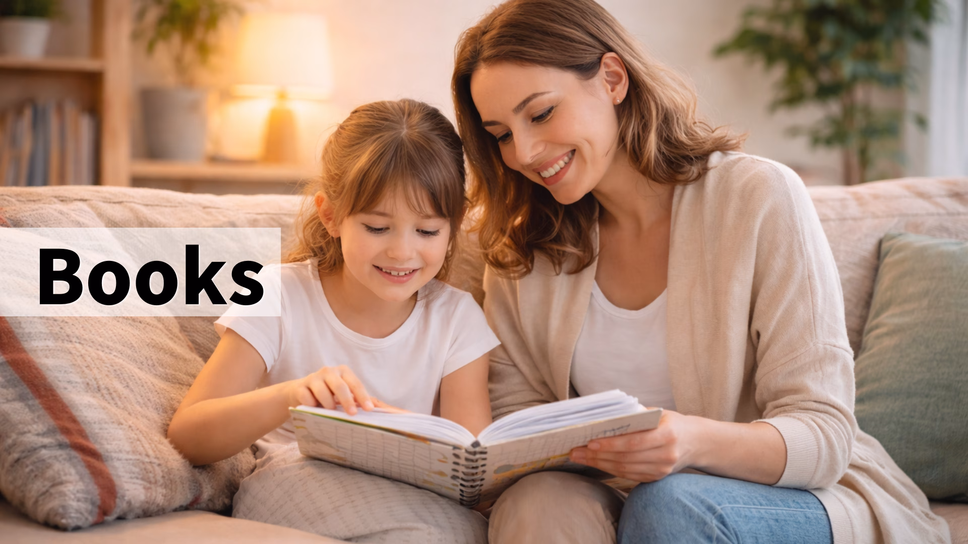 A mother and child reading a workbook together on a cozy sofa at home, enjoying a warm and relaxed learning moment